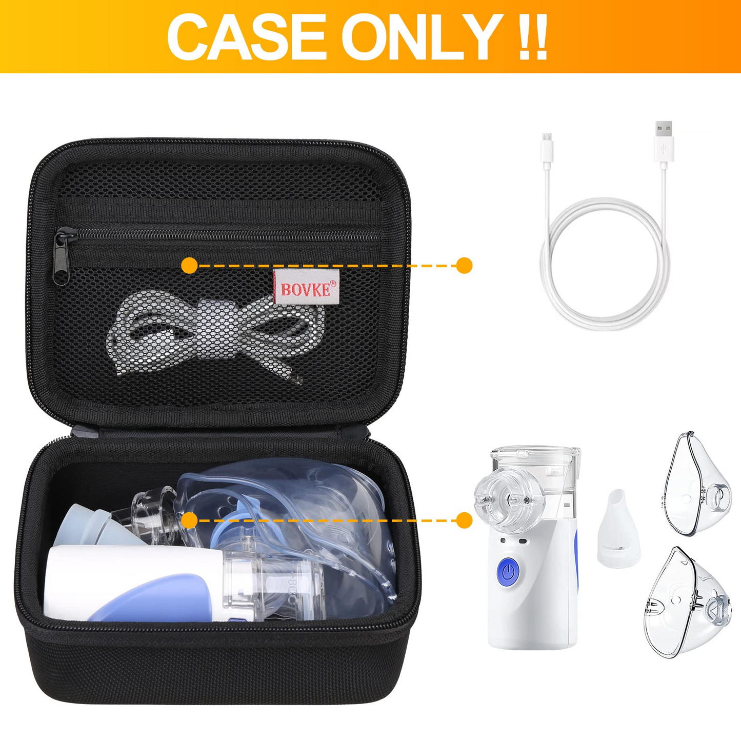 BOVKE Carrying Case for Handheld Mesh Nebulizer Machine for Adults and Kids, Cool Mist Steam Inhaler Portable Nebulizer Holder with Extra Pocket for Cables, Batteries, Black (CASE ONLY)