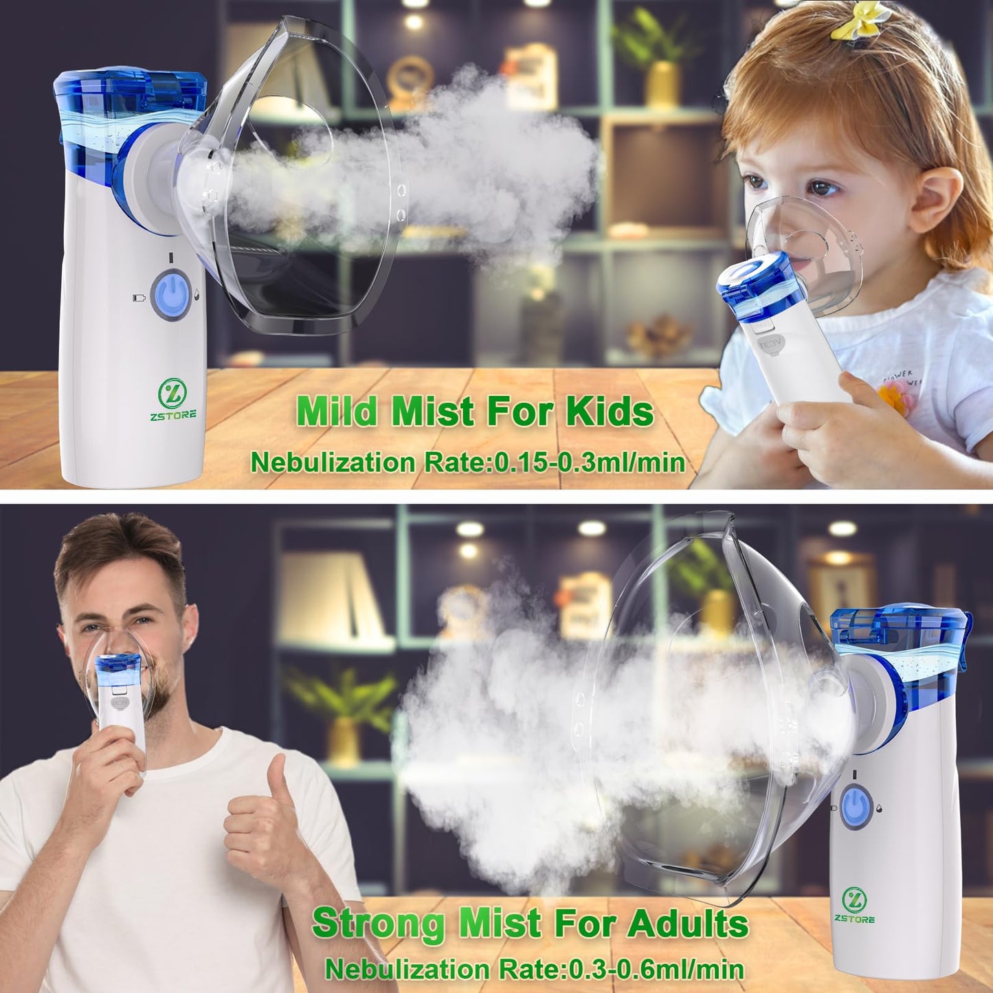 ZSTORE     𝐏𝐨𝐫𝐭𝐚𝐛𝐥𝐞 𝐍𝐞𝐛𝐮𝐥𝐢𝐳𝐞𝐫, 𝐑𝐞𝐜𝐡𝐚𝐫𝐠𝐞𝐚𝐛𝐥𝐞 Nebulizer for Kids & Adults, Adjustable Mist Nebulizer for Albuterol and Saline, FSA HSA Nebulizer for Asthma,COPD, CF, U.R.I at Home