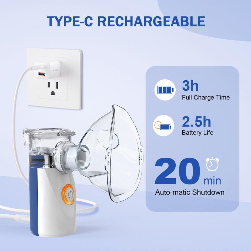 AU YAT Nebulizer, Nebulizer for Adults & Kids, Portable Nebulizer with 2 Masks & Mouthpiece, Quiet Working, 2 Adjustable Mode, Rechargeable Nebulizer Machine for Travel & Home Use