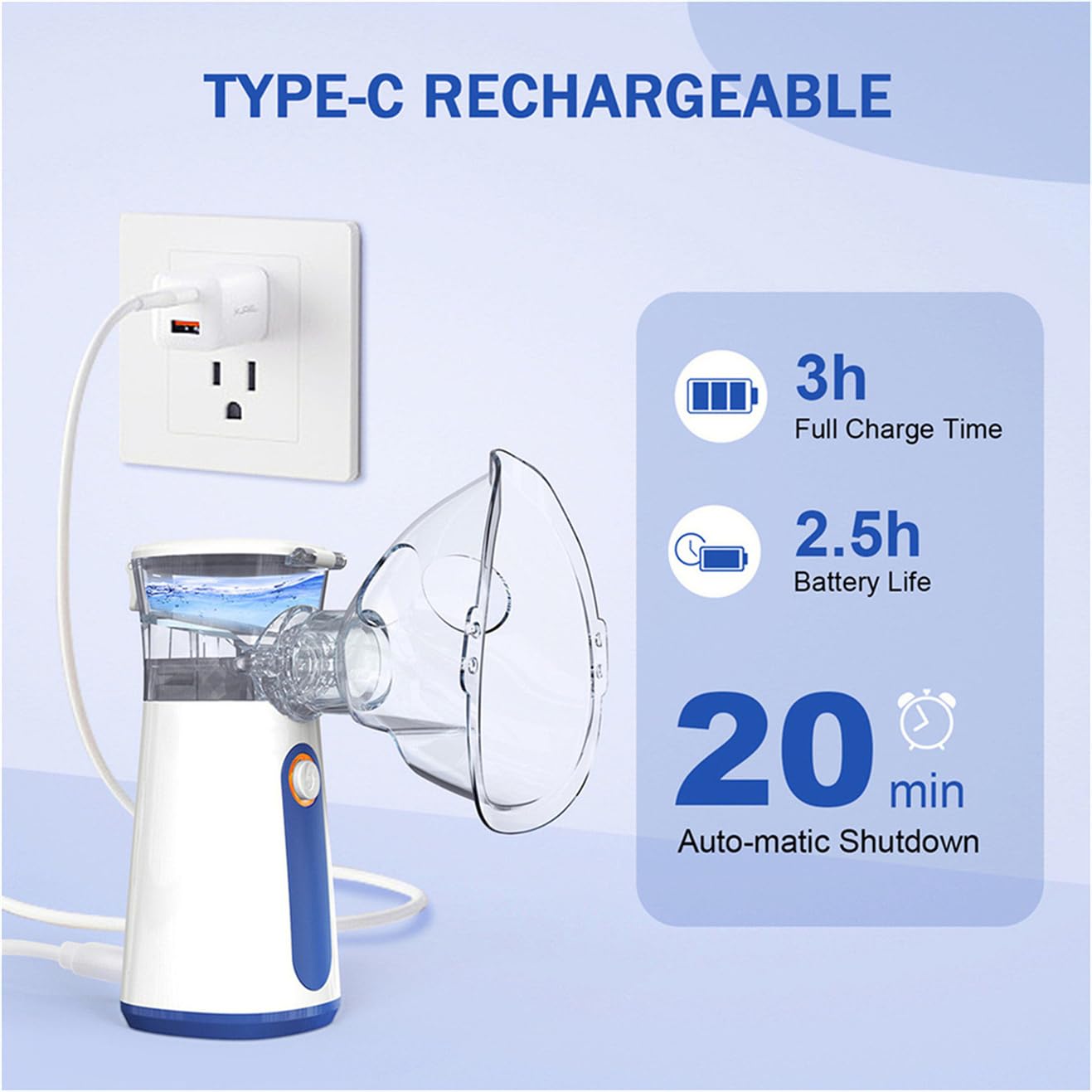 AU YAT Portable Nebulizer Machine for Adults Kids, USB-C Rechargeable Handheld Nebulizer for Breathing Treatment, 2 Adjustable Modes, Efficiency&Quiet, 3 Masks, Travel and Home Use