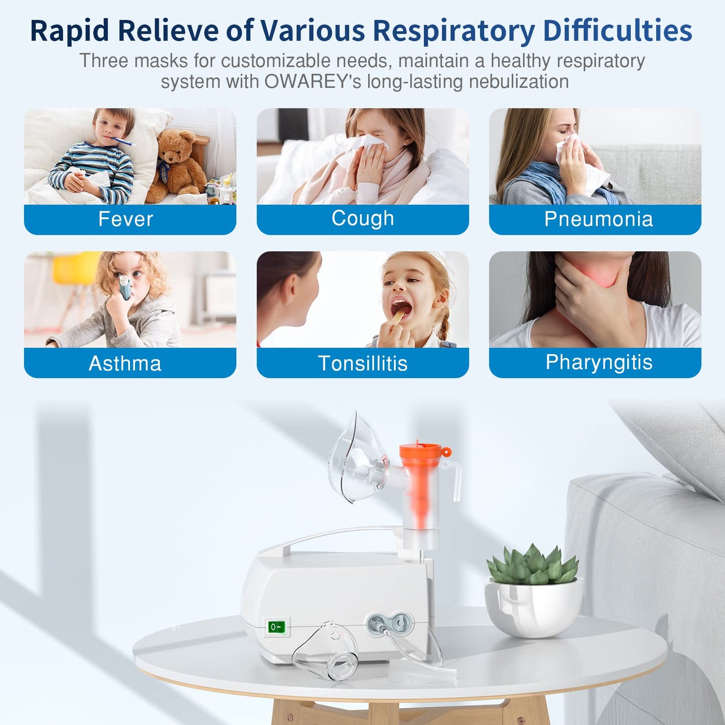 OWAREY Nebulizer Machine - Nebulizer Machine for Adults and Kids, at Home Nebulizer Machine for Breathing Problems with Tubing and Masks Kits OWAREY