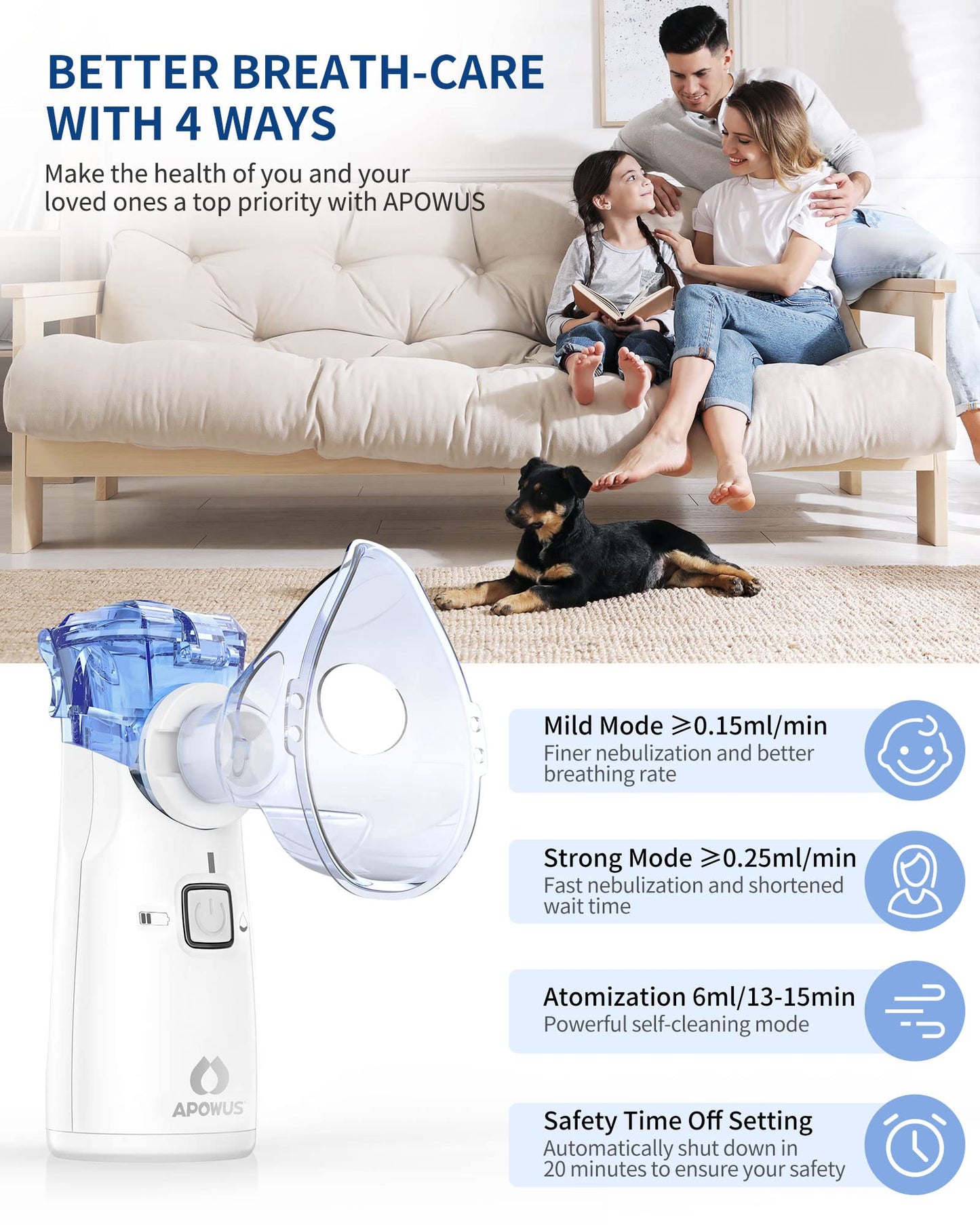 APOWUS Portable Nebulizer - Nebulizer for Adults and Kids, Nebulizer Machine for Adults and Kids with 3 Nebulizer Masks and Adjustable Nebulization Rate, Handheld and Easy to Use APOWUS