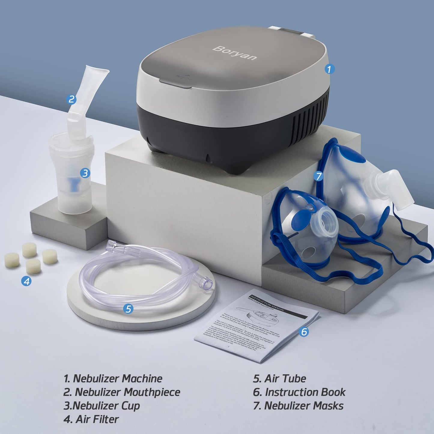 Boryan Nebulizer Machine for Adults & Kids - Superior Portable Breathing Treatment Nebulizador, with Built-in Organizer, Included Masks, Tubing and Mouthpiece Accessories Replacement Kit, C2A Version 2024