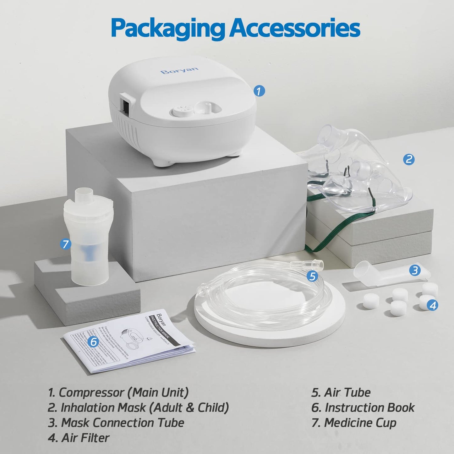 Boryan Nebulizer Machine for Adults Kids, Boryan Deluxe Portable Breathing Treatment, Included Nebulizer Tubing and Mouthpiece Replacement Kit.