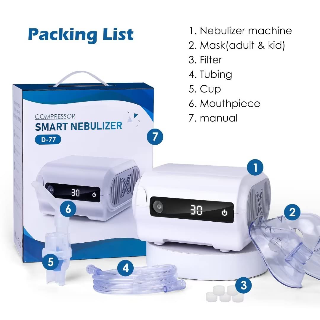 UUX Smart Nebulizer Machine - Low Noise Nebulizer for Adults & Kids with Timer Digital Display and 3 Reusable Masks, Portable Nebulizer for Breathing Treatment, Home Use and Travel