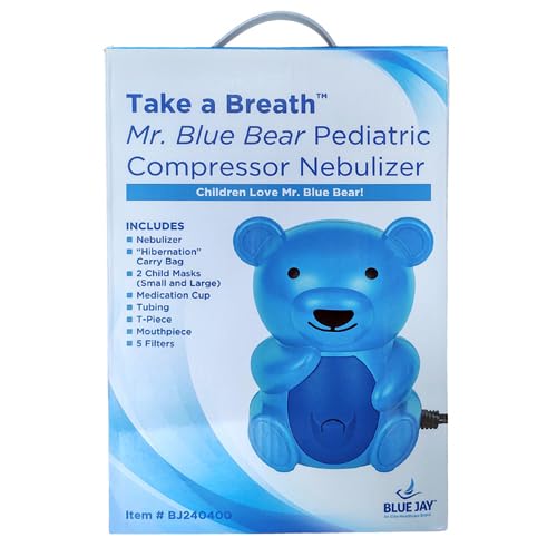 Blue Jay An Elite Healthcare Brand               Take a Breath Mr. Blue Bear Nebulizer Machine for Children, Advanced Breathing Treatment Compressor Nebulizer for Home Use Featuring Mr. Blue Bear Nebulizer and his Hibernation Carry Bag