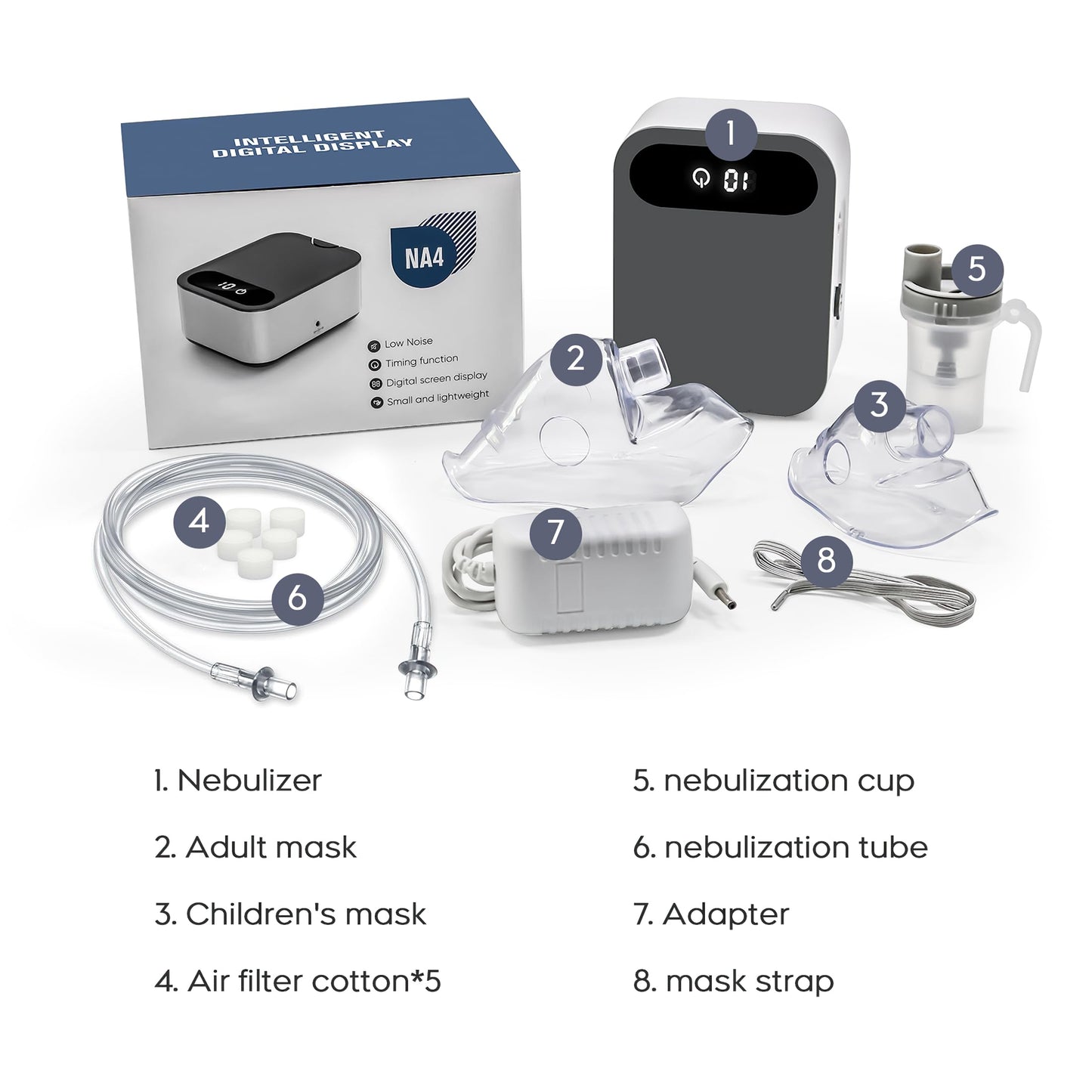 AEE Smart Nebulizer for Adults and Kids-Digital Display Nebulizer with Adjustable Time，Portable Nebulizer Machine for Breathing with Mouthpiece & Mask, Desktop Asthma Compressor Nebulizer for Home Use