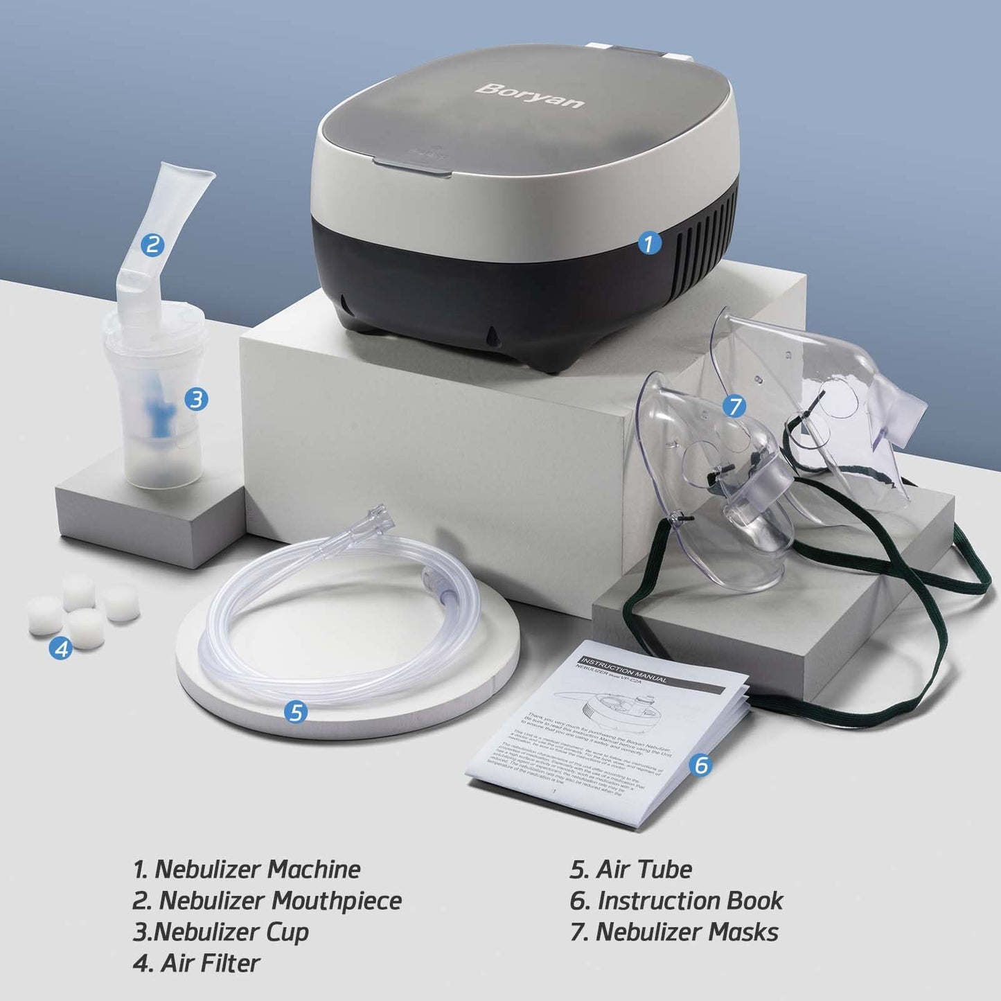 Boryan	Nebulizer Machine with Built-in Organizer, Superior Tabletop Breathing Treatment for Adults Kids, Included Nebulizer Tubing and Mouthpiece Replacement Kit, Version 23