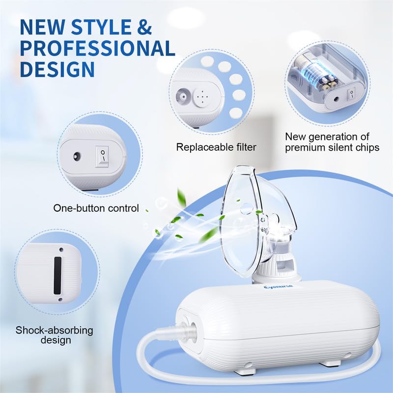 Eyenurse Nebulizer for Adults& Kids, Portable Nebulizer Machine, Quiet Handheld Nebulizer for Breathing Treatment with Mouthpiece& 2Masks, Compressor Nebulizer System with Tubing Kit for Home Use